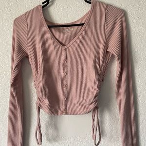 Hollister knit V neck Baby pink long sleeve strappy side tie crop top shirt